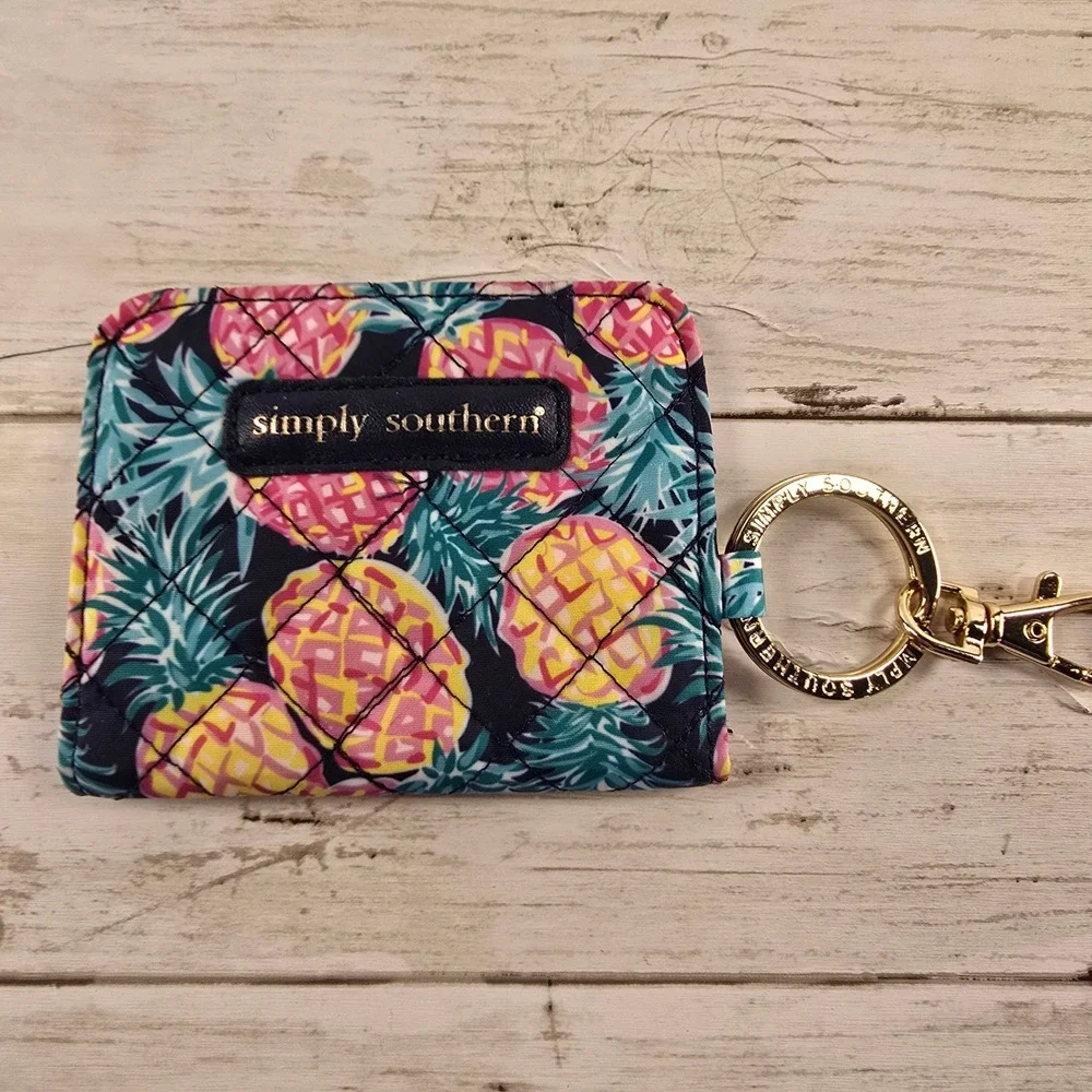 Simply Southern Pineapple Quilted ID Case Wallet Keychain Navy Pink‎ Yellow